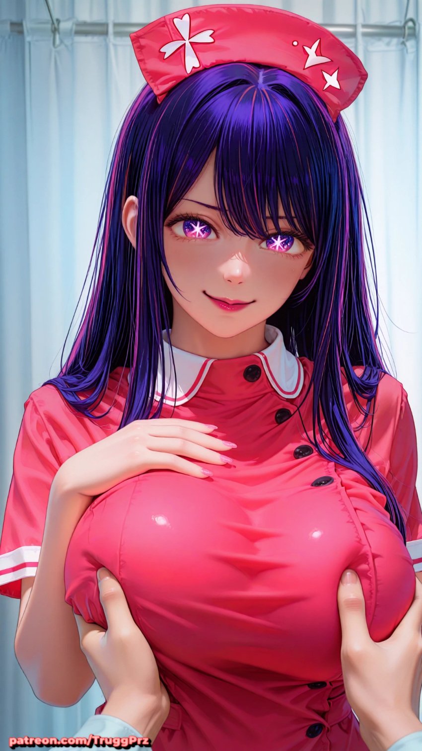 ai_generated breast_grab hoshino_ai huge_breasts lipstick looking_at_viewer naughty_face nurse nurse_uniform oshi_no_ko pov smile