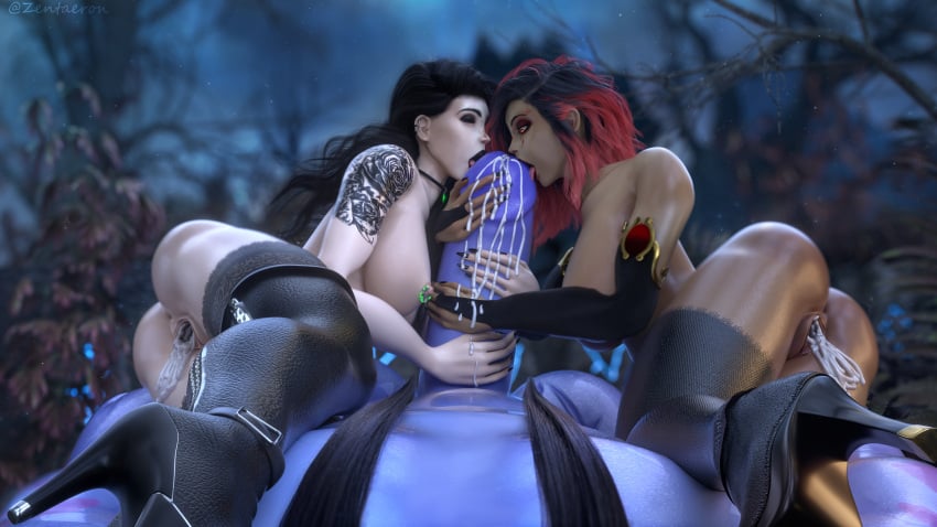 2girls big_breasts black_hair blizzard_entertainment boots calabor cum cum_dripping cum_in_pussy cumflation draenei green_eyes high_heels holding_penis huge_cock inflation larger_male licking_penis long_hair male_draenei male_pov red_eyes scarlet_emberveil size_difference world_of_warcraft zentaeron zentaria_blackwood