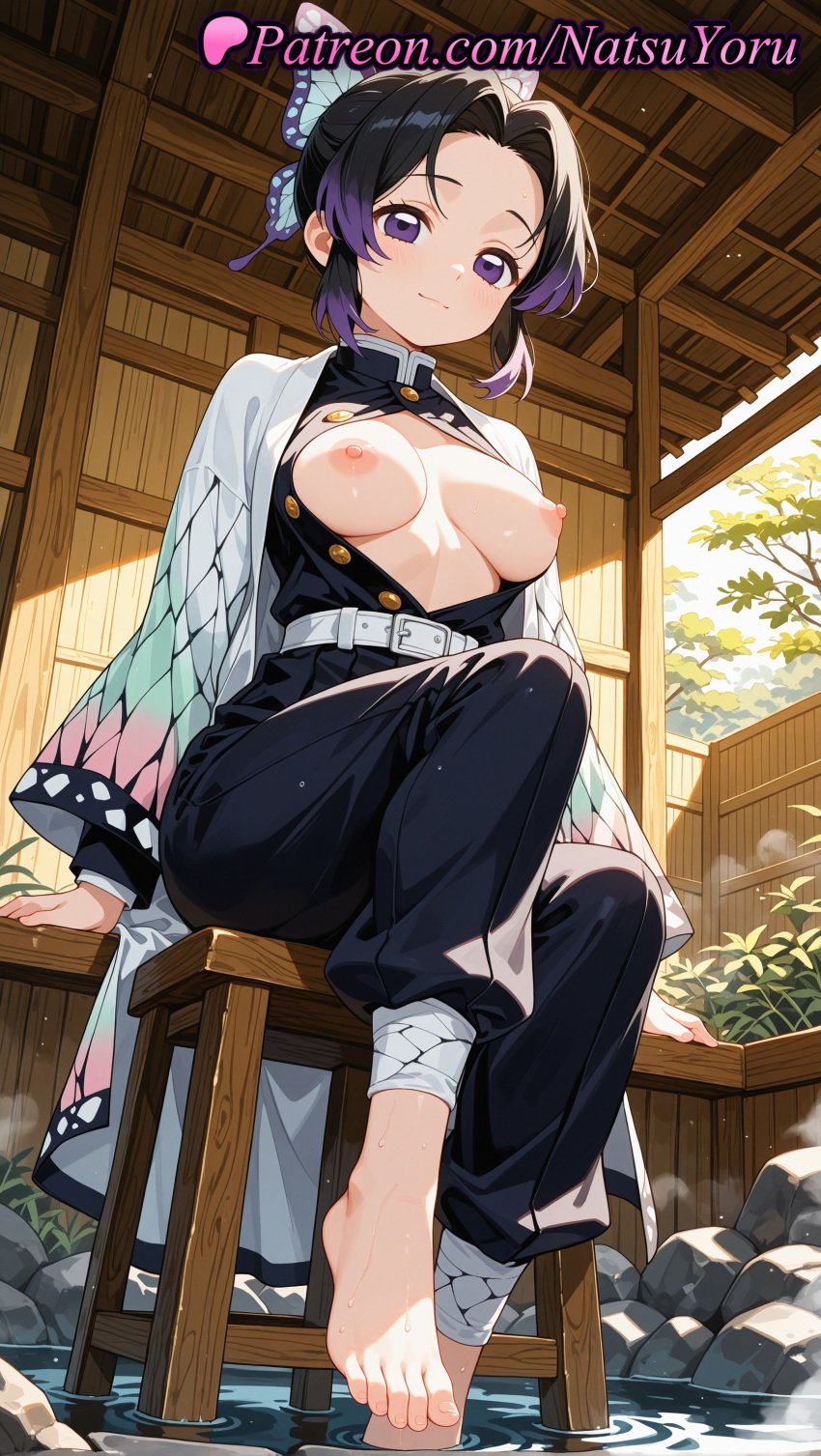 1girls 2025 ai ai_assisted ai_generated anime anime_style asian bandages bangs barefoot belt black_hair black_jacket black_pants blush breasts breasts_out buckle bust busty butterfly_hair_ornament butterfly_print buttons caucasian closed_mouth clothing demon_slayer demon_slayer_uniform feet female female_focus female_only foot_fetish foot_out_of_frame forehead full_body gradient_hair hair_ornament haori hentai hi_res high_quality high_resolution highres indoors jacket japanese_clothes kimetsu_no_yaiba kochou_shinobu large_breasts light-skinned_female long_sleeves looking_at_viewer medium_breasts multi-colored_hair multicolored_hair natsuyoru nipples nipples_outside non-asian onsen open_clothes open_shirt outdoors pants parted_bangs partially_unbuttoned patreon purple_eyes purple_hair rock short_hair sidelocks sitting smile soaking_feet solo solo_female stable_diffusion steam stool thighs toenails toes two-tone_hair uncensored_nipples voluptuous voluptuous_female water wet white_belt wide_sleeves