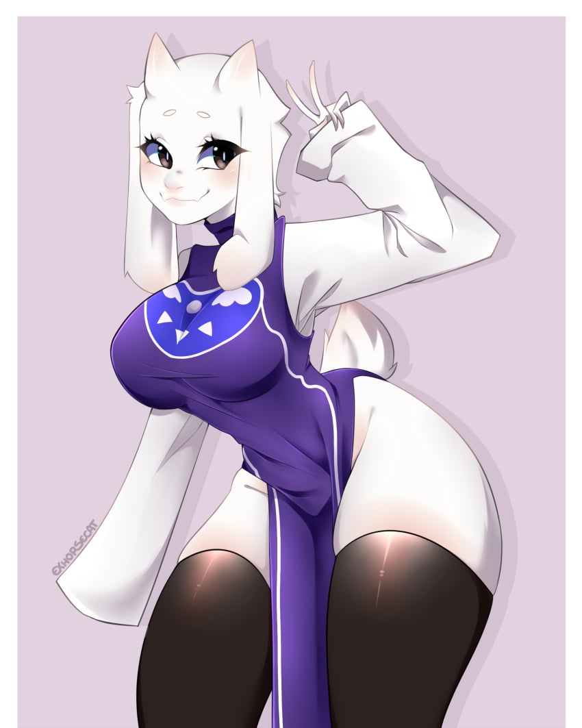 1girls anthro breasts clothed clothing curvy cute exhorsecat female female_only furry goat milf simple_background skimpy solo stockings thighhighs toriel undertale v wide_hips