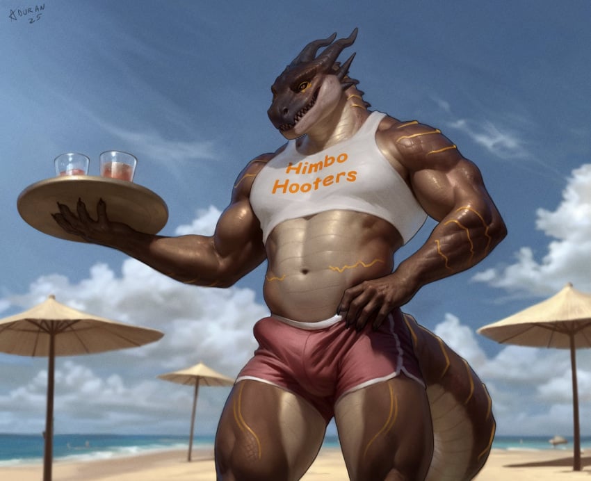 aduran anthro beach bulge claws clothing digital_drawing_(artwork) digital_media_(artwork) finger_claws hi_res male male_focus muscular muscular_anthro muscular_male navel outside scalie shirt solo solo_male standing tail tank_top topwear