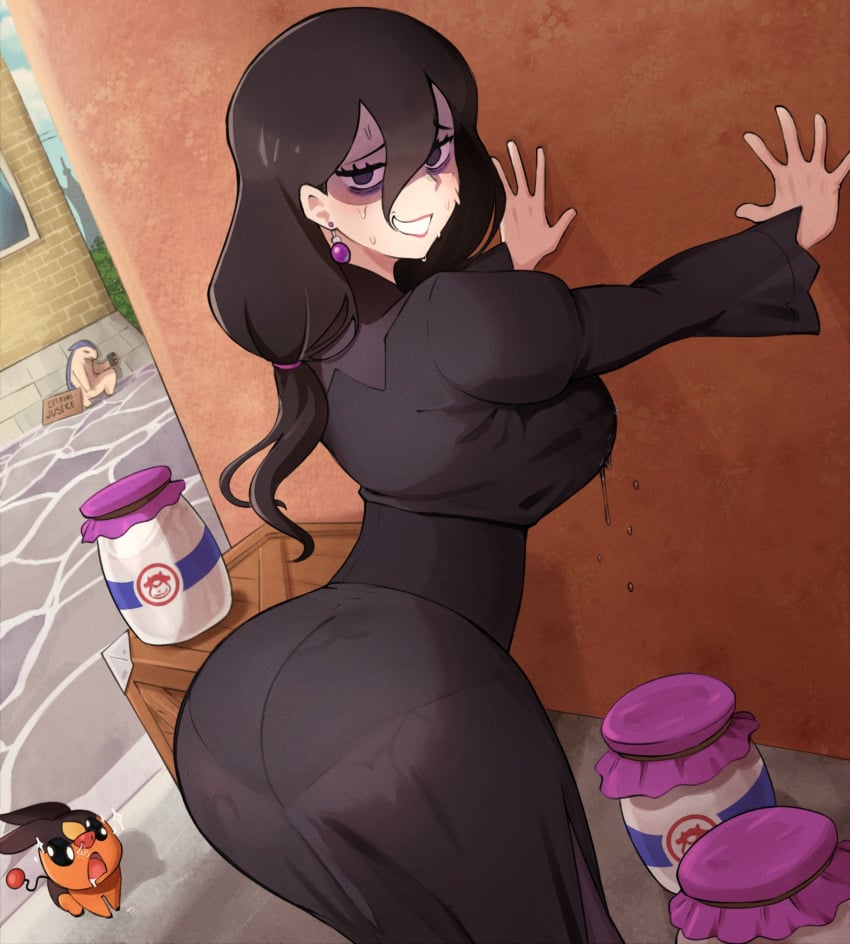 1girls ass bags_under_eyes big_ass big_breasts big_thighs black_hair blush breasts butt clothed_female female female_only game_freak hair hentaly hex_maniac hex_maniac_(z-a) huge_ass huge_breasts huge_thighs light-skinned_female lips long_hair looking_at_viewer mature_female milf milk milk_bottle multiple_girls nipple_bulge npc_trainer parted_lips pokemon pokemon_legends:_z-a purple purple_eyes purple_hair solo tagme thick_thighs thighs