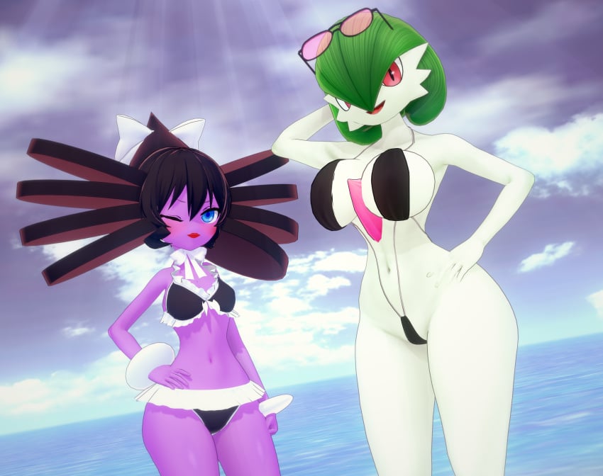 2girls 3d 3d_(artwork) 3d_model beach big_ass big_breasts big_butt bikini bikini_bottom bikini_top black_hair blue_eyes female female_only gardevoir gothitelle green_hair koikatsu looking_at_viewer micro_bikini one-piece_swimsuit one_eye_closed pokemon pokemon_(species) purple_body purple_skin red_eyes render_007 ribbon ribbon_choker ribbon_in_hair ribbons size_difference small_breasts smaller_male smile smiling smiling_at_viewer sunglasses sunglasses_on_head sunlight taller_female thick thick_ass thick_hips thick_legs thick_thighs thighs voluptuous voluptuous_female white_body white_skin