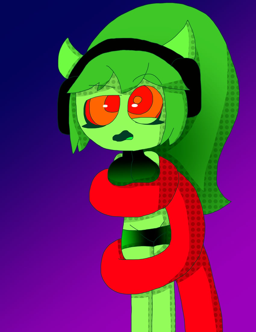 bra breasts breasts female female_focus femsub fire_in_the_hole geometry_dash gradient_background green_body green_hair green_skin headphones humanoid hypnosis hypnosis hypnotized_eyes hypnotized_female lobotomy_(geometry_dash) mind_control normal_(geometry_dash) ponytail purple_background shorts snake submissive_female submissive_humanoid