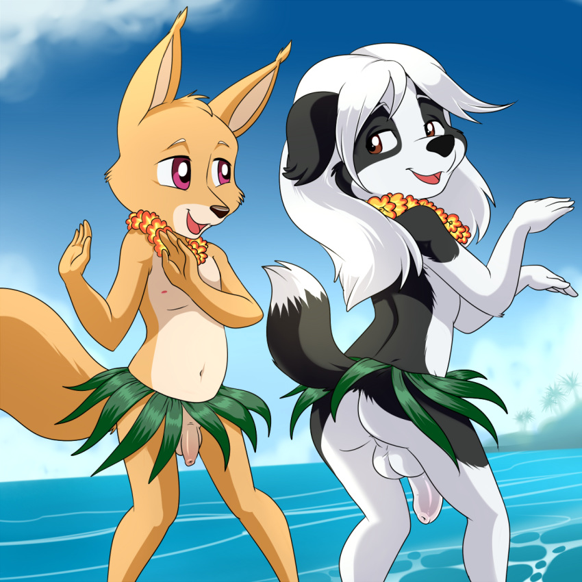 2014 2boys anthro ass balls beach big_balls big_penis border_collie brown_eyes canine clothing collie dancing dean_(q) digital_media_(artwork) duo flaccid fox fur gay grass_skirt hair hula humanoid_penis ineffective_clothing large_penis lonbluewolf long_hair male male_only mammal navel nude open_mouth outside penis seaside smile tagme uncut water yaoi young