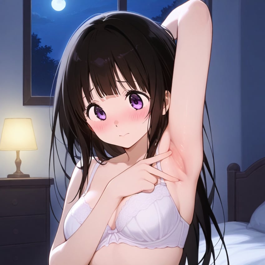 ai_generated armpit_spread armpits arms_behind_head arms_up bedroom blush bra chitanda_eru hyouka nai_diffusion night shy spread_armpit spreading_armpit white_bra