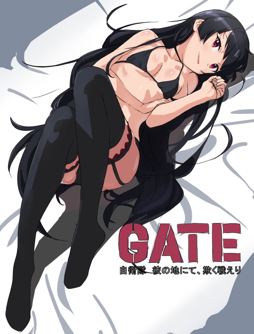 1girls absurdres bed_sheet black_bra black_hair black_panties black_thighhighs bra breasts collarbone commentary copyright_name female female female_focus female_only full_body garter_straps gate_-_jieitai_ka_no_chi_nite_kaku_tatakaeri hand_up highres knees_up kojy long_hair looking_at_viewer lying no_shoes on_back panties red_eyes rory_mercury small_breasts solo thighhighs underwear underwear_only very_long_hair