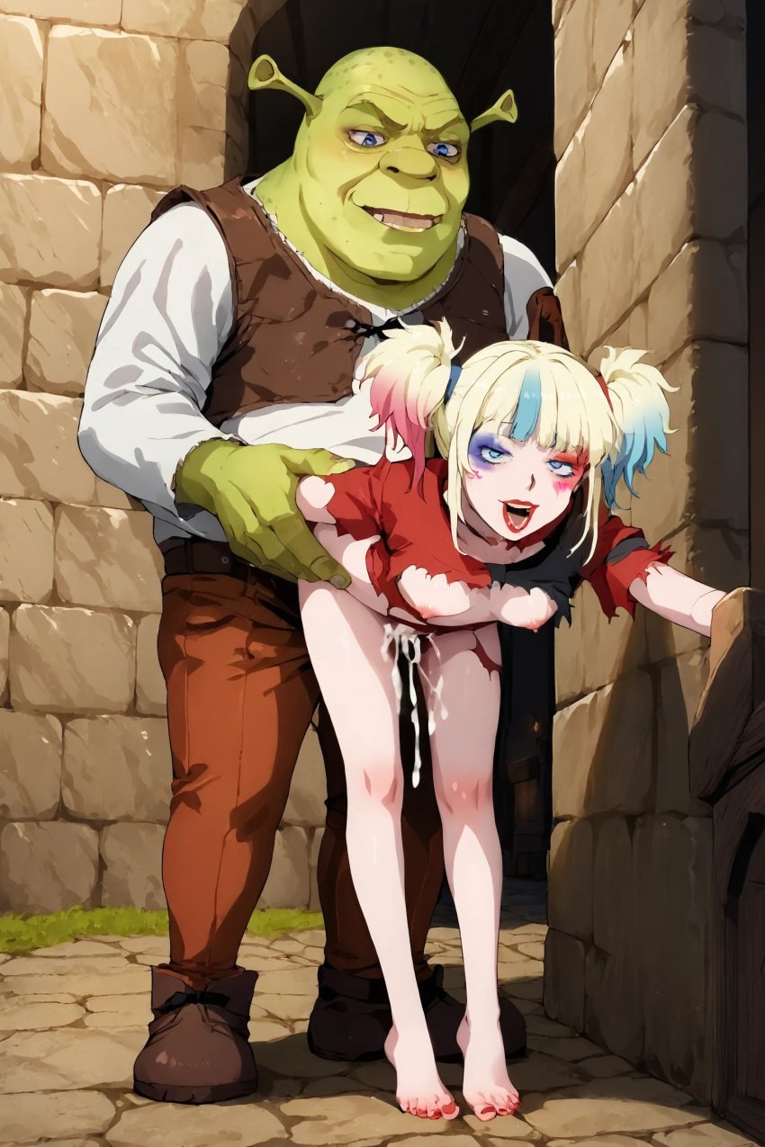 ai_generated blonde_female blonde_hair breasts colored_hair crossover cum dc dreamworks feet green_skin harley_quinn human interspecies medieval nipples ogre sex sex_from_behind short_hair shrek shrek_(series) torn_clothes