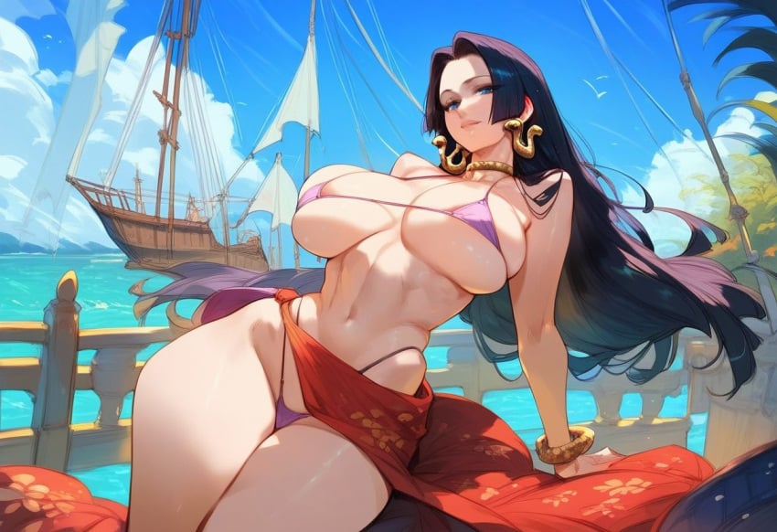 2d ai_generated big_breasts bikini black_hair boa_hancock breasts clothing earrings female female_focus female_only hellblueboy4 highleg jewelry long_hair micro_bikini one_piece sarong solo solo_female solo_focus tagme