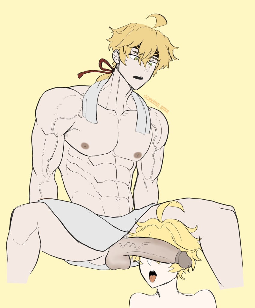 2boys aether_(genshin_impact) big_penis blonde_hair blonde_hair_male blonde_male cant_see_the_haters erect_penis erection faggot gay gay_sex genshin_impact hoyoverse male male/male mihoyo muscles muscular_male nipples slutboy sucking thoma_(genshin_impact) towel towel_around_neck yaoi