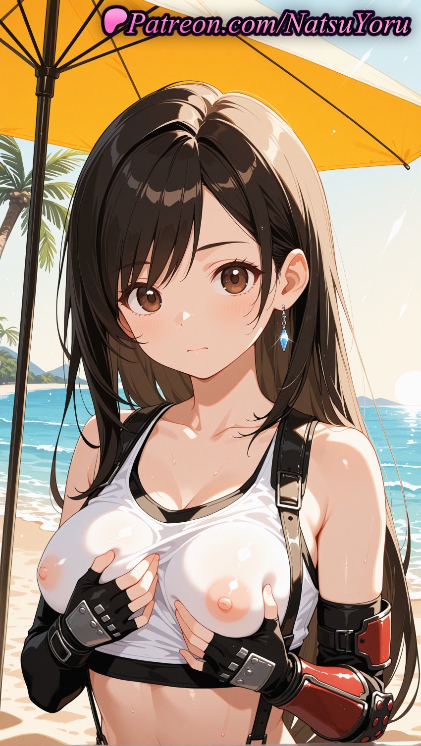 1girls 2025 ai ai_assisted ai_generated anime anime_style arm_guards bangs bare_shoulders beach beach_umbrella black_gloves black_hair black_sports_bra blush breasts brown_eyes brown_hair bust busty cleavage closed_mouth clothing collarbone cover covered_nipples crop_top dangle_earrings day earring earrings elbow_gloves elbow_pads female female_focus female_only female_solo final_fantasy final_fantasy_vii final_fantasy_vii_remake fingerless_gloves fingernails gloves grabbing_own_breast hentai hi_res high_quality high_resolution highres jewelry large_breasts long_hair looking_at_viewer medium_breasts midriff natsuyoru navel nipples nipples_outside ocean outdoors palm_tree patreon pool sand see-through shirt sky sleeveless sleeveless_shirt solo sports_bra stable_diffusion suspenders sweat swept_bangs tank_top taut_clothes taut_shirt tifa_lockhart tree umbrella uncensored_nipples upper_body vambraces voluptuous voluptuous_female water wet wet_clothes wet_shirt white_tank_top