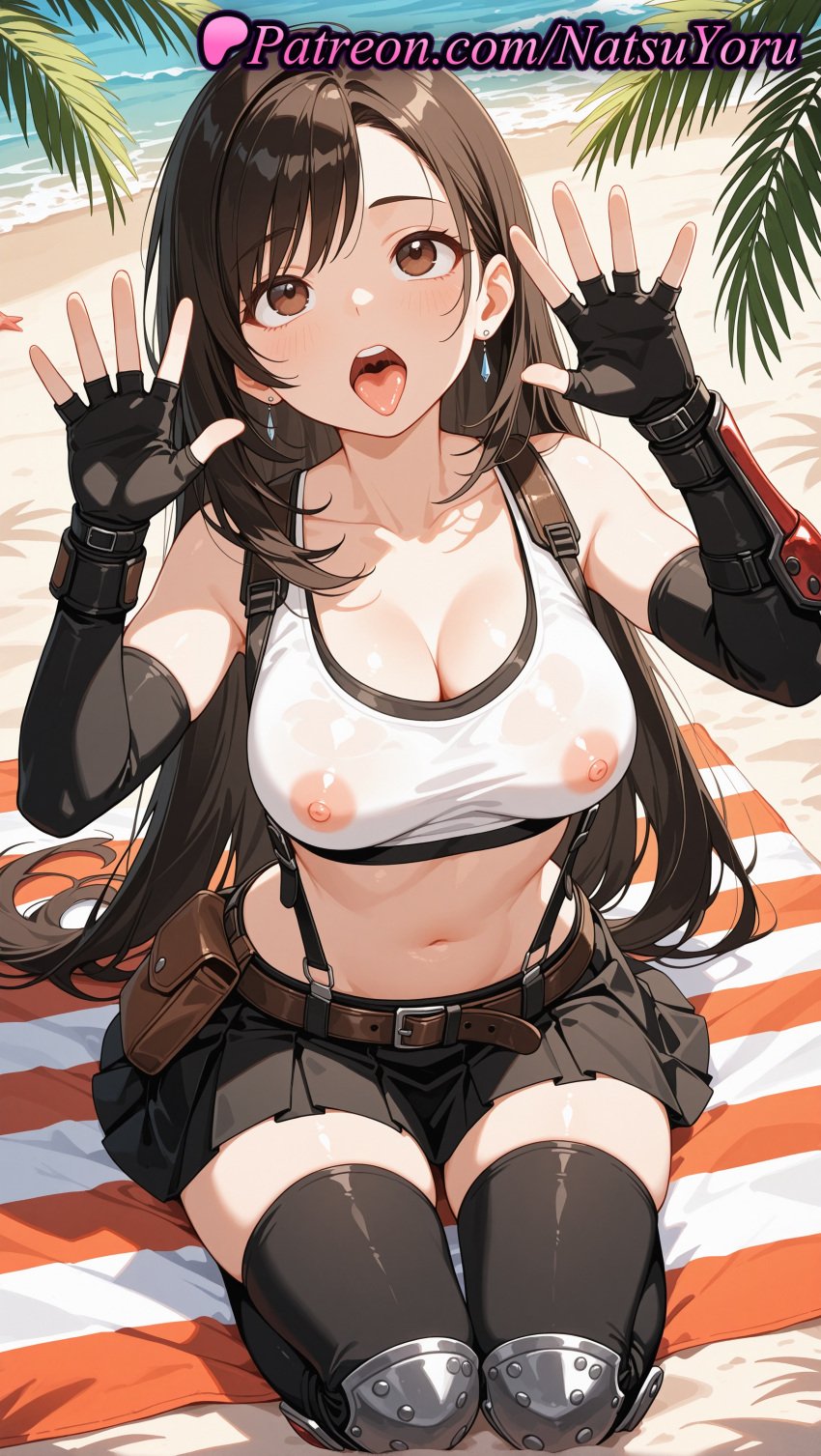 1girls 2025 ai ai_assisted ai_generated anime anime_style arm_guards bangs bare_shoulders beach beach_towel belt black_gloves black_hair black_skirt black_thighhighs blush breasts brown_eyes brown_hair bust busty cleavage collarbone covered_nipples crop_top dangle_earrings day earring earrings elbow_gloves elbow_pads female female_focus female_only female_solo final_fantasy final_fantasy_vii final_fantasy_vii_remake fingerless_gloves gloves hands_up hentai hi_res high_quality high_resolution highres jewelry kneeling large_breasts long_hair looking_at_viewer looking_up midriff miniskirt natsuyoru navel nipples nipples_outside non-asian ocean open_mouth oral_invitation outdoors palm_tree palms patreon piercing pleated_skirt pouch sand see-through see-through_shirt seiza shirt sitting skirt solo sports_bra stable_diffusion starfish stomach suspender_skirt suspenders swept_bangs tank_top taut_clothes taut_shirt teeth thighhighs thighs tifa_lockhart tongue tongue_out towel uncensored_nipples upper_teeth_only very_long_hair voluptuous voluptuous_female water wet wet_clothes wet_shirt white_shirt white_tank_top zettai_ryouiki