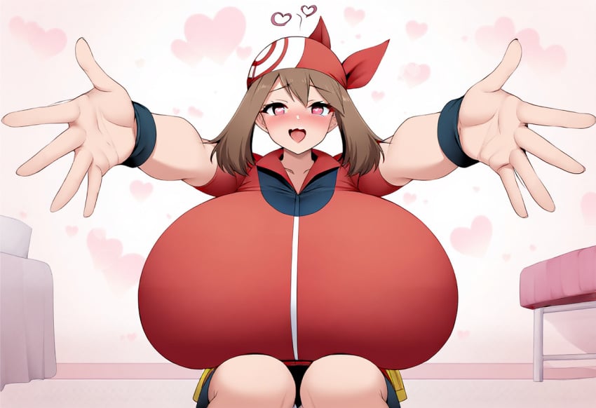 ai_generated blue_eyes breasts brown_hair heart-shaped_pupils heart_symbol huge_breasts large_breasts massive_breasts may_(pokemon) nintendo open_arms pokemon pokemon_(franchise) pokemon_(game) pokemon_(trainer) pokemon_trainer smile solo solo_female solo_focus tomboy