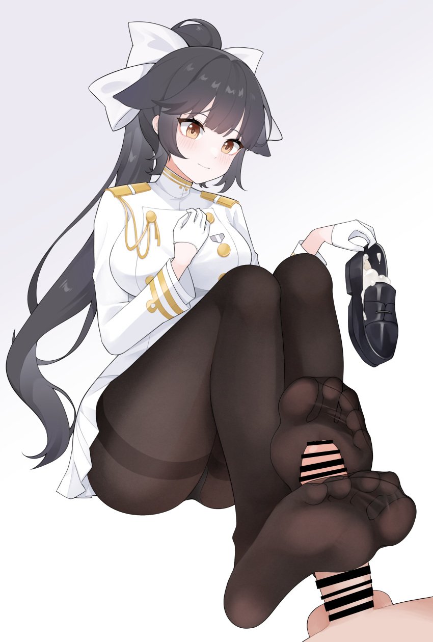 1boy 1girls absurdres azur_lane bar_censor black_hair black_panties black_pantyhose bow breasts brown_eyes censored closed_mouth commentary_request commission cum_in_footwear epaulettes erection feet female foot_fetish foot_focus foot_play footjob footjob_with_legwear foreshortening full_body gloves gold_trim gradient_background grey_background hairbow highres holding holding_shoes impossible_clothes impossible_jacket jacket knees_up kyle_(kysizzle) large_breasts legs light-skinned_female light-skinned_male light_skin long_hair military_uniform miniskirt no_shoes out_of_frame panties pantyhose penis pixiv_commission pleated_skirt ponytail sakura_empire_(azur_lane) shoes sidelocks skirt soles solo_focus takao_(azur_lane) thighband_pantyhose thighs toe_seam toenails toes two-footed_footjob underwear unworn_shoes very_long_hair white_bow white_gloves white_jacket white_skirt wl217_(nicexa111)