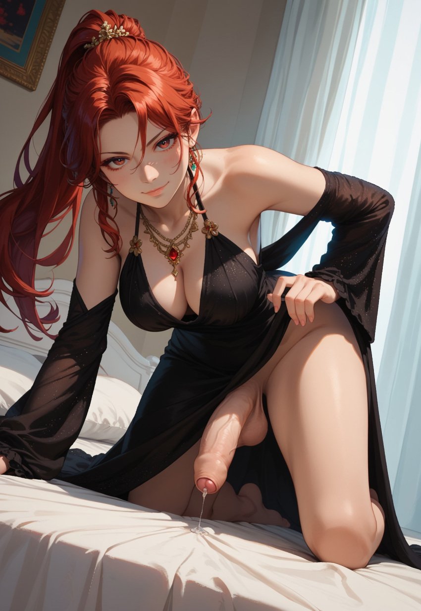 1futa ai_generated all_fours balls bedroom black_dress dress dress_aside erection foreskin futa_only futanari jamesbron large_breasts large_penis long_hair looking_at_viewer no_panties on_bed penis ponytail precum precum_drip red_eyes red_hair smile solo solo_futa thighs wide_hips