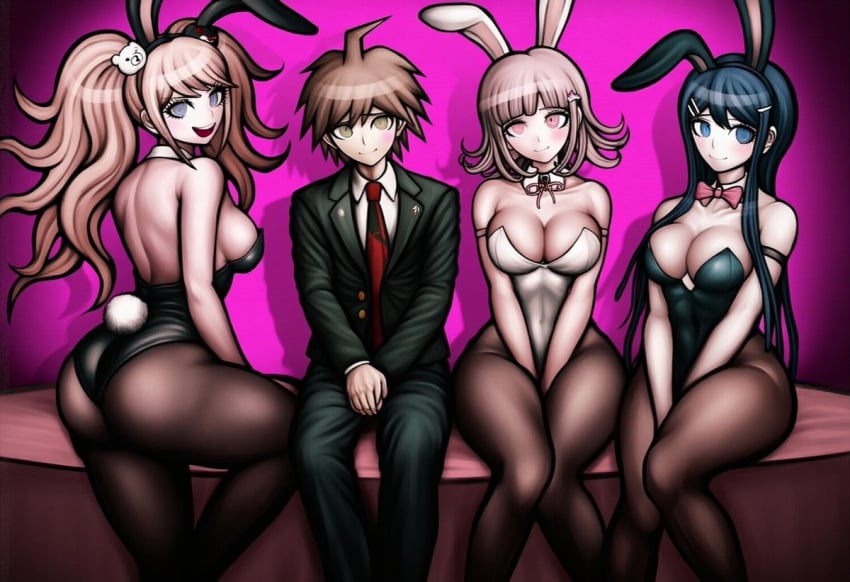 1boy 3girls accurate_art_style ai_failure ai_generated big_breasts bunnysuit danganronpa danganronpa_2:_goodbye_despair harem junko_enoshima maizono_sayaka multiple_girls naegi_makoto nanami_chiaki