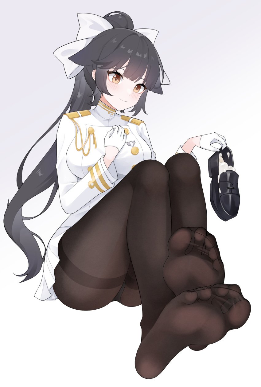 1girls absurdres azur_lane black_hair black_panties black_pantyhose bow breasts brown_eyes closed_mouth commentary_request commission cum_in_footwear epaulettes feet female foot_focus foreshortening full_body gloves gold_trim gradient_background grey_background hairbow highres holding holding_shoes impossible_clothes impossible_jacket jacket knees_up large_breasts legs light-skinned_female light_skin long_hair military_uniform miniskirt no_shoes panties pantyhose pixiv_commission pleated_skirt ponytail sakura_empire_(azur_lane) shoes sidelocks skirt soles solo takao_(azur_lane) thighband_pantyhose thighs toe_seam toenails toes underwear unworn_shoes very_long_hair white_bow white_gloves white_jacket white_skirt wl217_(nicexa111)