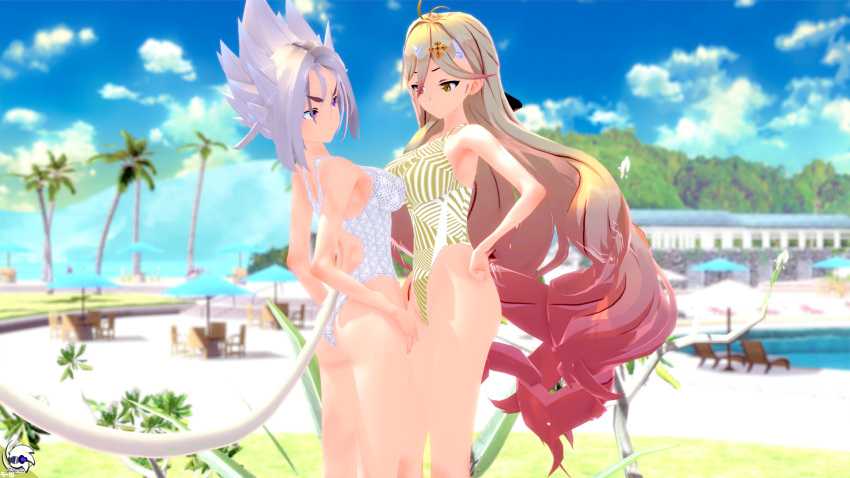 2021 2girls 3d 3d_(artwork) ass blonde_hair_female breasts cosmixlewds dragon_ball female female_only koikatsu looking_at_another lumina_ashbell_(cosmixlewds) original_character partially_clothed partially_nude pressing_breasts_together prism_(mxntylewds) resort starling_heroes summer swimsuit topless white_hair_female