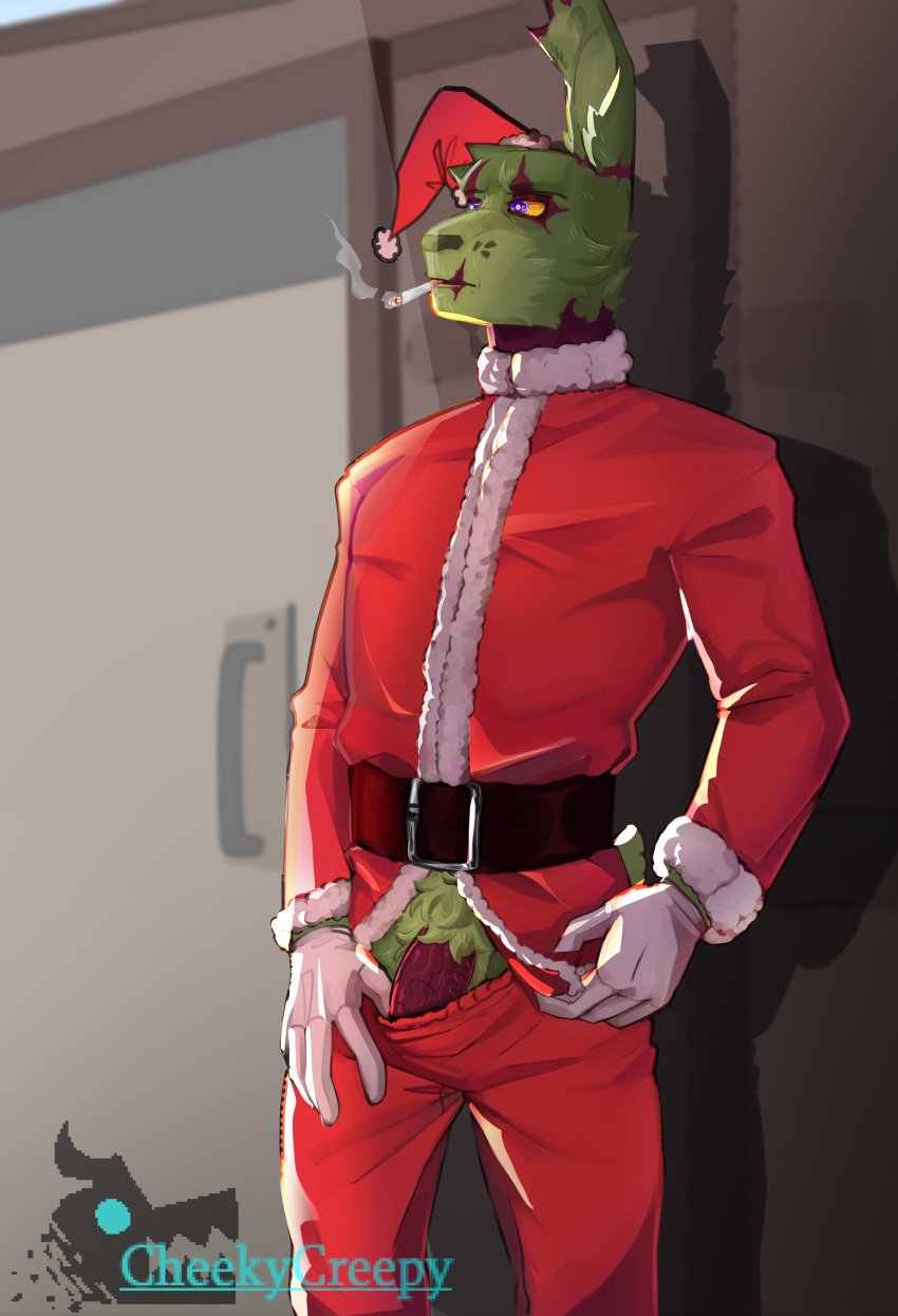 1boy anthro cheekycreepy christmas erection five_nights_at_freddy's furry male male_only partially_clothed penis rabbit sex_toy smoking solo solo_focus springtrap springtrap_(fnaf)