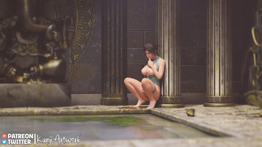 3d alternate_angle biting_finger breasts_out brown_eyes brown_hair kanjiartwork kanjihentai lara_croft lara_croft_(survivor) peeing piss_puddle pissing_on_floor squatting tattoo temple tomb_raider tomb_raider_(survivor) urine_pool