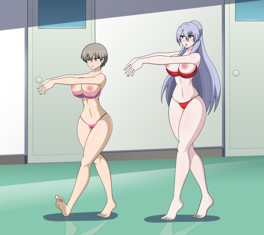 absurdres barefoot bra breasts_outside dlobo777 empty_eyes expressionless femsub hana_uzaki himuro_ayame large_breasts long_hair multiple_girls multiple_subs panties purple_hair rikei_ga_koi short_hair uzaki-chan_wa_asobitai! uzaki_hana zombie_walk