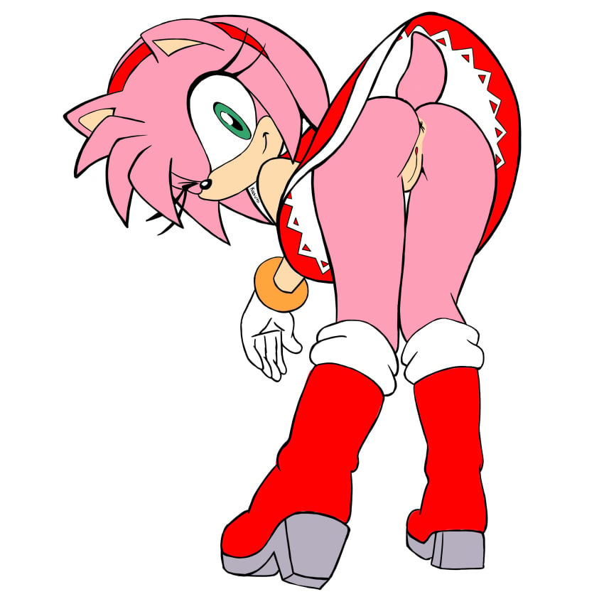 absurd_res accessory amy_rose anthro anus ass ass_up bent_over boots bottomless clothed clothing dress eulipotyphlan eyelashes female footwear genitals gloves green_eyes handwear hedgehog hi_res high_heels kasumin looking_at_viewer mammal no_panties one_eye_closed presenting presenting_hindquarters pussy sega simple_background simple_coloring smile solo sonic_(series) standing uncensored upskirt white_background wink winking_at_viewer