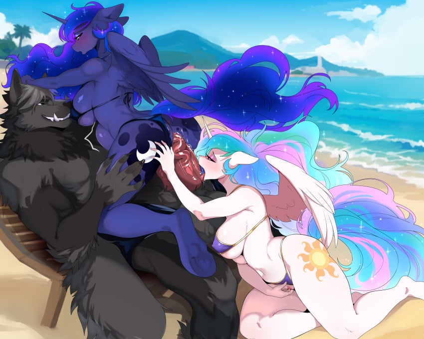 absurd_res alicorn anthro anthro_on_anthro anus ass beach bikini biped breasts canid canine clothed clothing equid equine female female_penetrated fingering fingering_self friendship_is_magic genitals group group_sex hasbro hi_res horn kuroran large_breasts licking male male/female male_penetrating mammal masturbation my_little_pony oral penetration penile penile_penetration penis penis_lick princess_celestia_(mlp) princess_luna_(mlp) pussy seaside semi_incest sex sibling sister sisters stomach_bulge swimsuit swimwear threesome tongue tongue_out trio vaginal_penetration wings