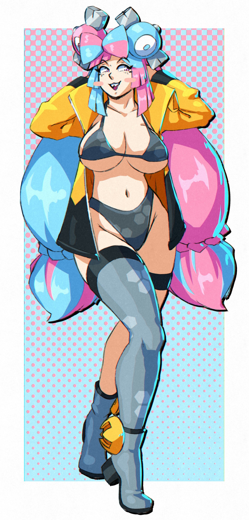 1girls bikini bikini_under_clothes boots breasts female_only full_body gym_leader hands_behind_head heels huge_breasts iono_(pokemon) jacket light_blue_hair long_hair looking_away multicolored_hair navel open_jacket open_mouth pink_eyes pink_hair pinup pokemon pokemon_sv sharp_teeth single_thighhigh solo solo_female spookoarts standing thigh_strap twintails