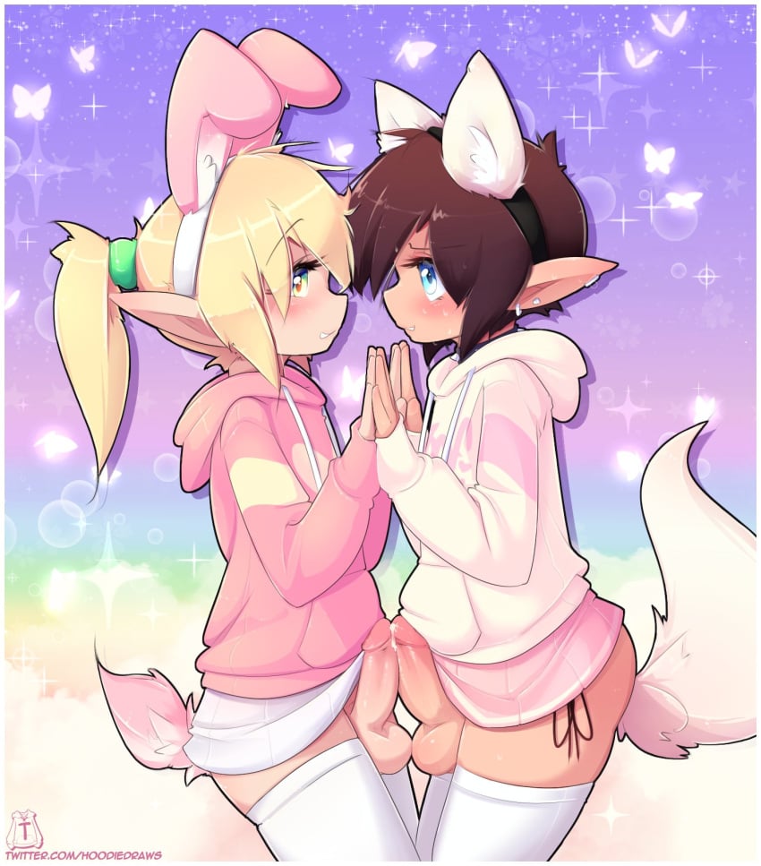 2boys 2d black_hair blonde_hair blue_eyes bunny_ears bunny_tail buttplug cat_ears elf_ears fox_tail game_cg hoodie_(artist) max_(hoodie) rainbow_eyes short_hair thighhighs touching_penis vick_(hoodie) watermark