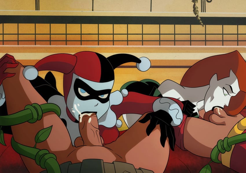 2boys 2girls ass batman batman:_the_animated_series batman_(series) black_lipstick blowjob blue_eyes bondage bottomless_male bruce_wayne competition cum cum_in_mouth dc dc_comics dcau elmrtev erect_penis fellatio female foursome green_eyes harley_quinn harley_quinn_(classic) male male/female oral oral_sex pale_skin parallel_fellatio parallel_sex partial_male penis penis_in_mouth poison_ivy poison_ivy_(dcau) pov pov_blowjob pulling_down_pants red_hair robin_(dc) robin_(tim_drake) sucking_penis the_new_batman_adventures tied_up tim_drake vines