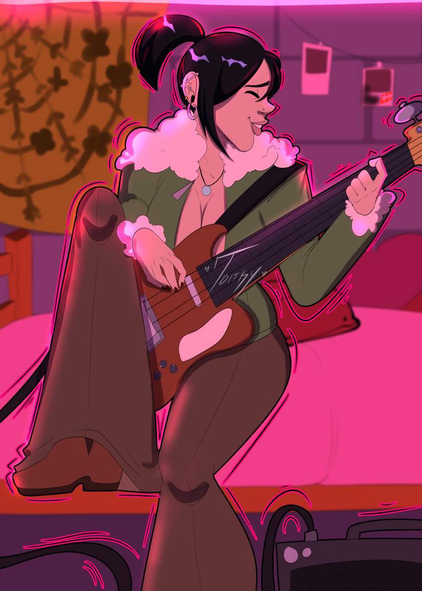 1girls asian bass_guitar black_hair breasts chinese closed_eyes ear_piercing earrings female guitar holding_object hoop_earrings indoors knives_chau musical_instrument nose_piercing open_clothes open_jacket partially_clothed piercing ponytail scott_pilgrim short_hair solo solo_female thatoneimpthatkilledyou