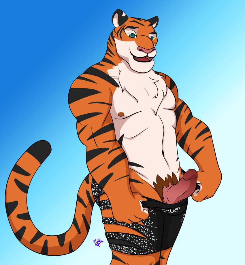 anthro biceps clothed clothing disney erection feline fur green_eyes hi_res humanoid_penis male male_only mammal muscular nipples open_mouth pecs penis pink_nose shorts smile solo standing stripes thebrigeedakinks_(artist) tiger_dancer_(zootopia) topless zootopia zootopia_shorts