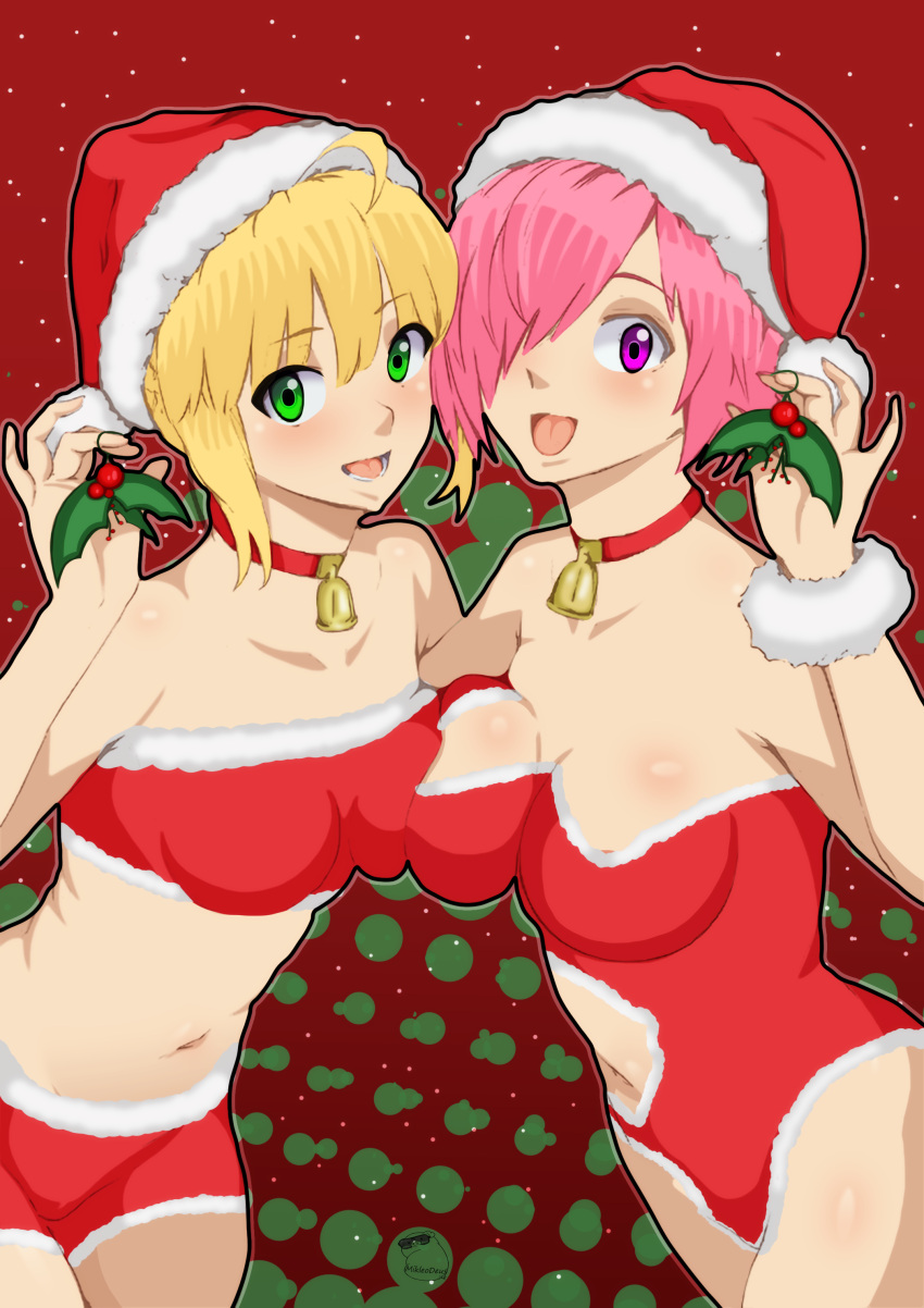 christmas christmas_outfit color fate/grand_order fate_(series) huge_breasts leotard mash_kyrielight mikleodeus nanahime pressing_breasts_together saber