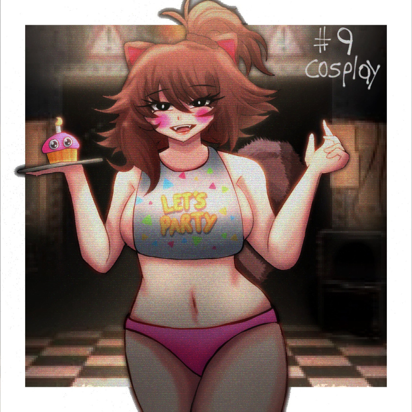 1girls animal_ears animal_tail belly_button brown_hair clothing cosplay crimsonmoga cupcake_(fnaf) eyebrows_visible_through_hair female female_focus female_only five_nights_at_freddy's five_nights_at_freddy's_2 fnaf fnaf_2 heart-shaped_pupils latam_virtual_youtuber latina legwear light-skinned_female light_skin owozu peruvian_female pink_eyes ponytail raccoon_ears raccoon_girl rakkun scottgames toy_chica_(cosplay) toy_chica_(fnaf)_(cosplay) underwear virtual_youtuber vtuber vtuberfanart