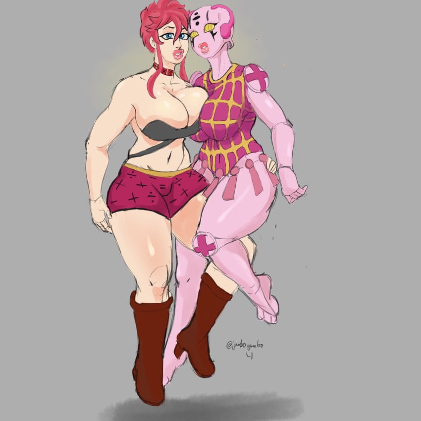 2girls big_breasts blue_eyes breasts checkered female human humanoid jojo's_bizarre_adventure jumbogumbo light-skinned_female light_skin multiple_girls pink_hair pink_skin short_hair shounen_jump spice_girl stand_(jjba) tassels thick_thighs trish_una vento_aureo yellow_eyes