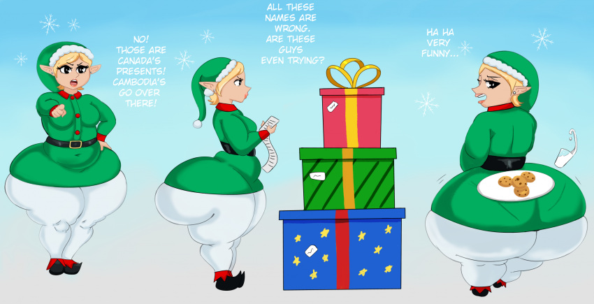 1girls ass ass_bigger_than_head belly blonde_hair bottom_heavy breasts christmas chubby chubby_female cookie cookies earrings elf elf_female elf_girl elf_on_the_shelf english_text fat female female_focus female_only hips large_ass list looking_back mackdazzle milk pantylines pointing pointing_at_viewer present presents santa_hat shortstack snowflake snowflake_print stockings stomach text thick_thighs thighs wide_hips