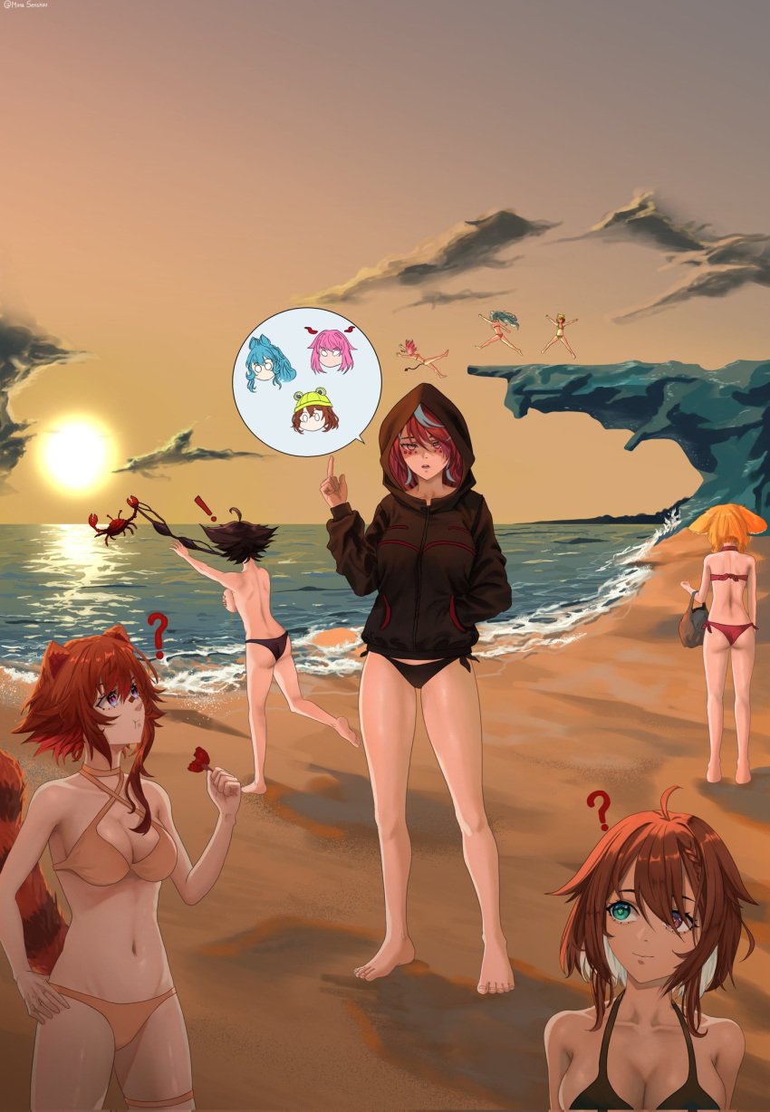 beach chessivt emikukis eternals_(idol_corp) former_idol_corp_member hetto_detto idol_corp idol_es karmavt large_breasts latam_virtual_youtuber manasenshou meica owozu rakkun shubyuwu sirivt sunset swimsuit virtual_youtuber vtuber