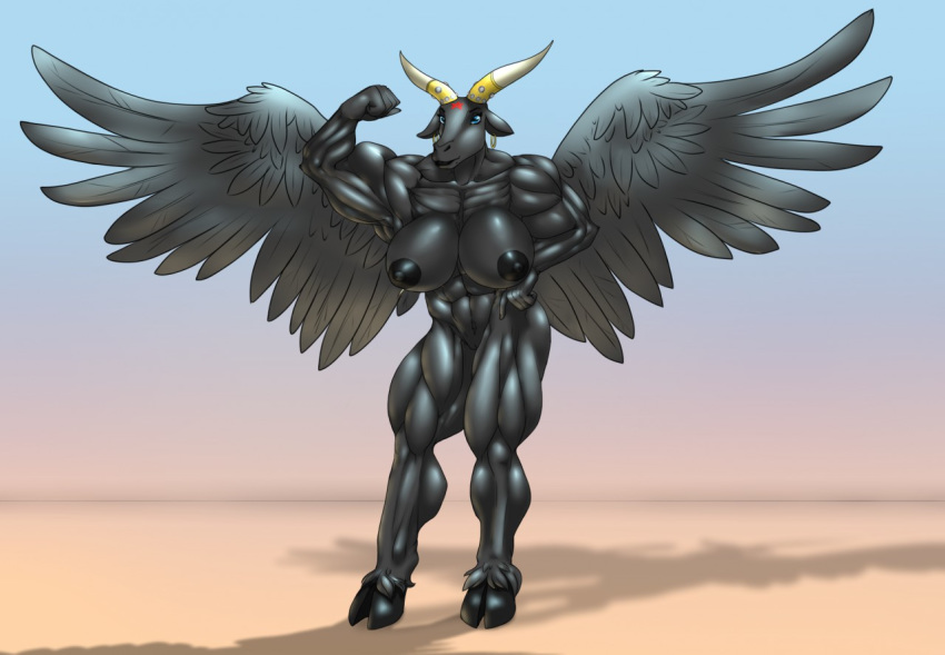 abs anthro baphomet biceps big_breasts black_fur black_nipples breasts caprine demon ear_piercing female flexing fur goat hellbridge hooves horn looking_at_viewer mammal muscular muscular_female nipples nude piercing pose pussy smile wings