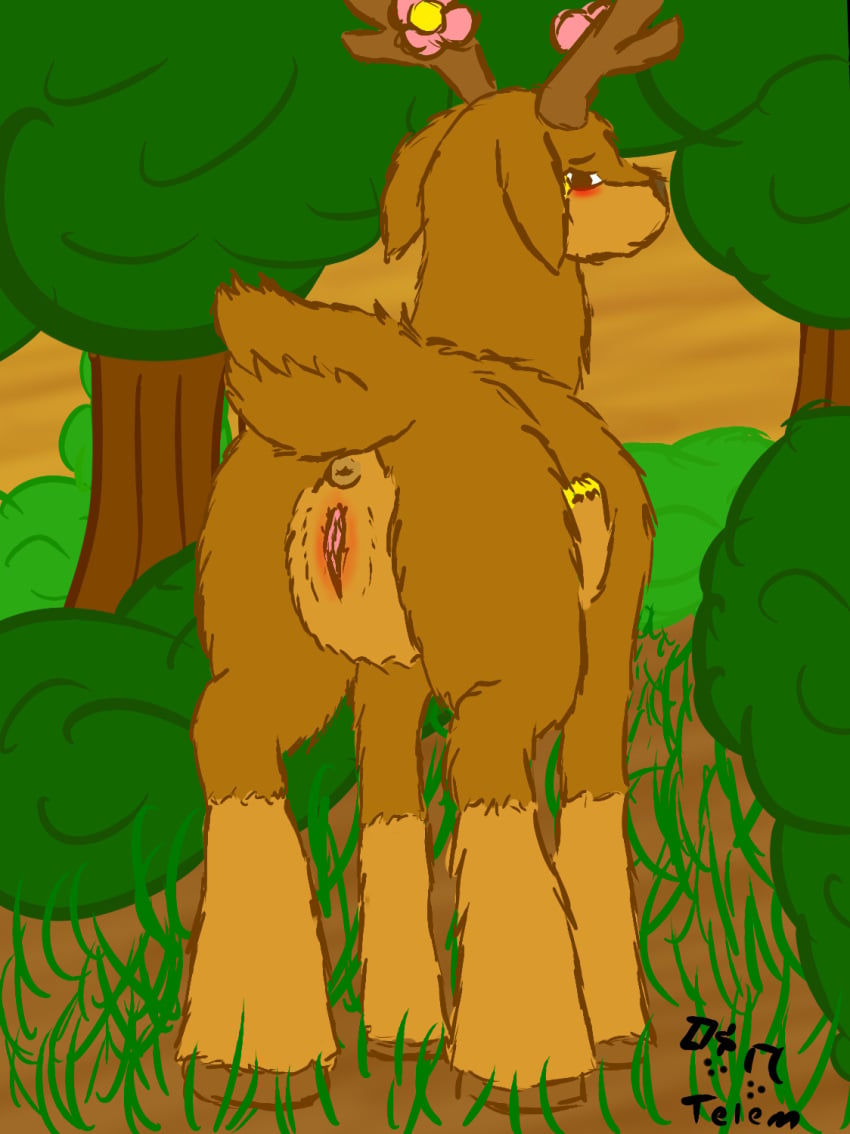 antlers anus blush female feral generation_5_pokemon genitals hi_res hooves horn nintendo outside plant pokemon pokemon_(species) pussy sawsbuck solo spring_sawsbuck standing telem tree