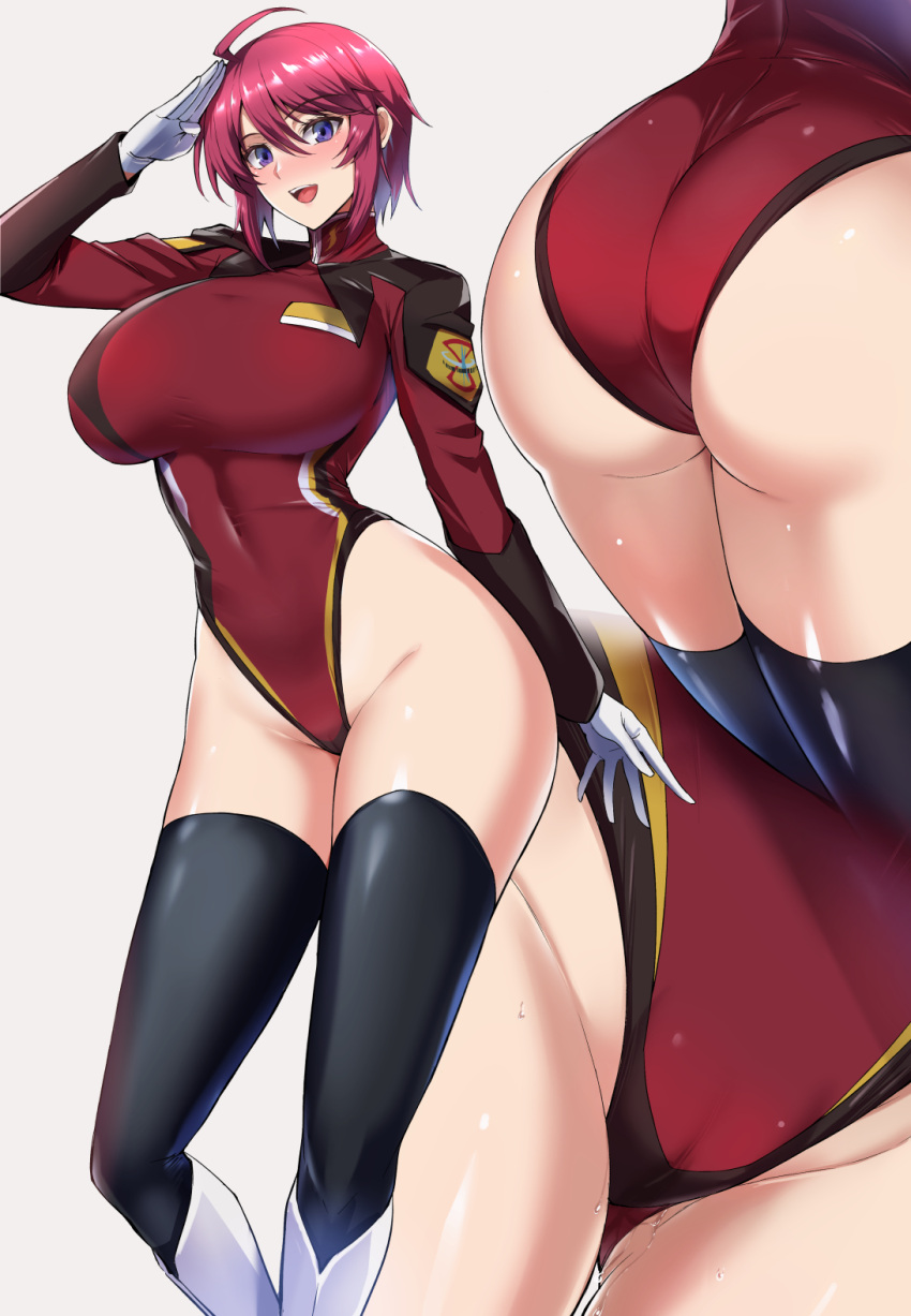 ass_focus close-up dripping_pussy gundam gundam_seed gundam_seed_destiny highleg highleg_leotard huge_ass huge_breasts kumakichi_(cost-lost) liquid lunamaria_hawke multiple_views nose_blush salute smile thick_thighs thigh_focus thigh_gap wide_hips