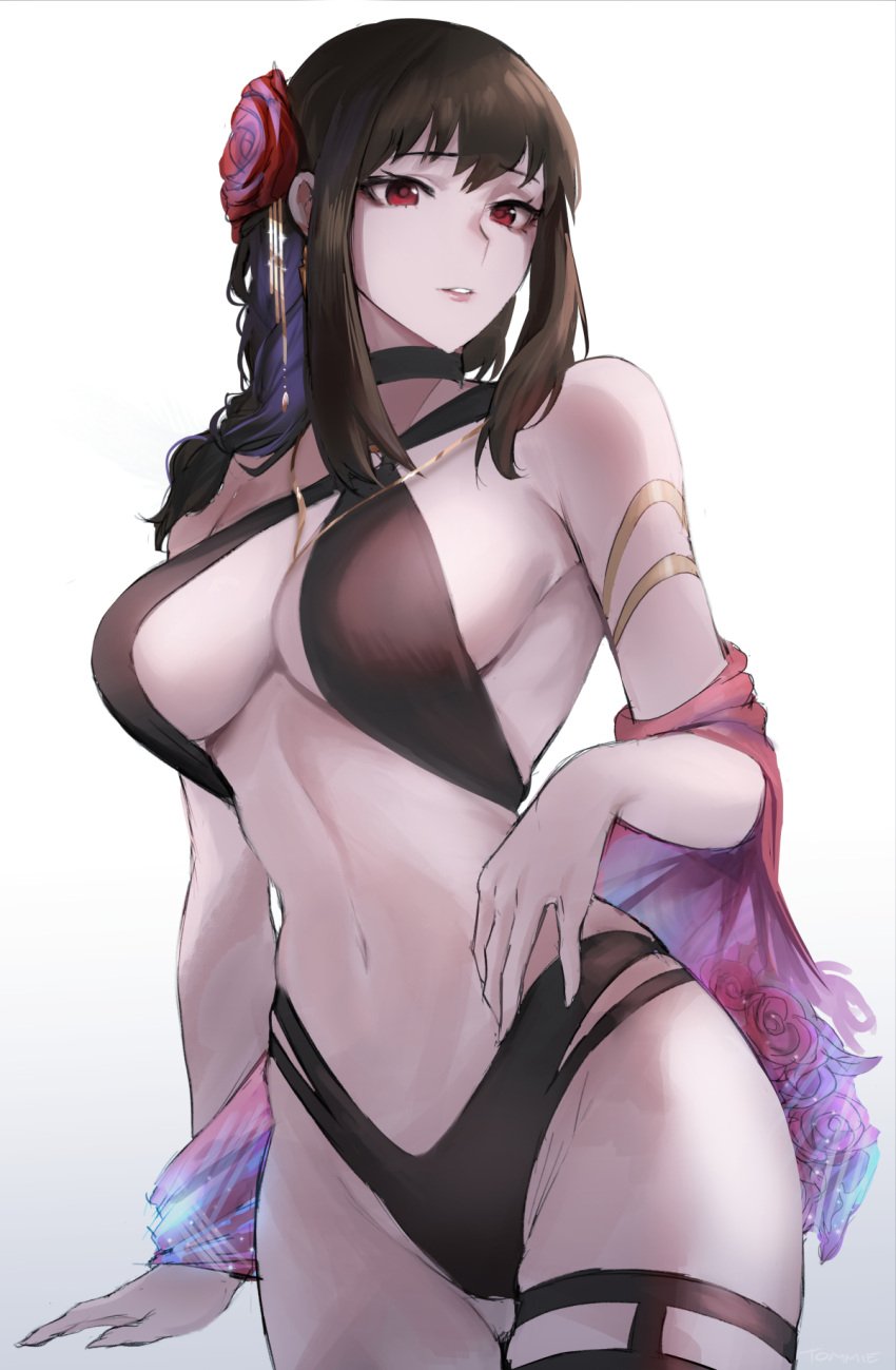 1girls bangs big_breasts bikini black_hair female female_only flower_in_hair hourglass_figure human looking_at_viewer red_eyes sideboob solo spy_x_family tommietomm yor_briar