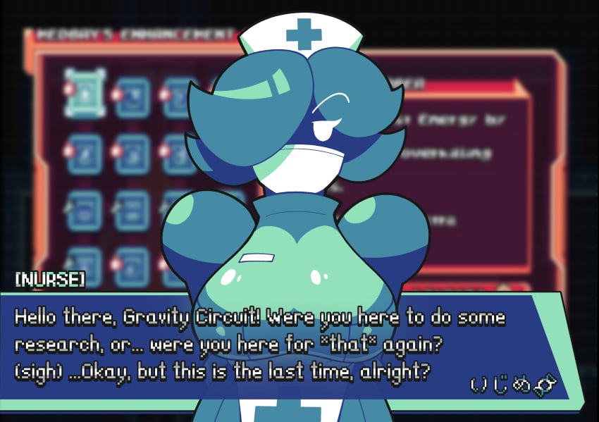 alternate_breast_size cyan_hair facemask female gravity_circuit ijimecandy large_breasts mask masked_female nipple_bulge nipples_visible_through_clothing nurse nurse_(gravity_circuit) nurse_cap nurse_uniform robot short_hair text unimpressed white_eyes