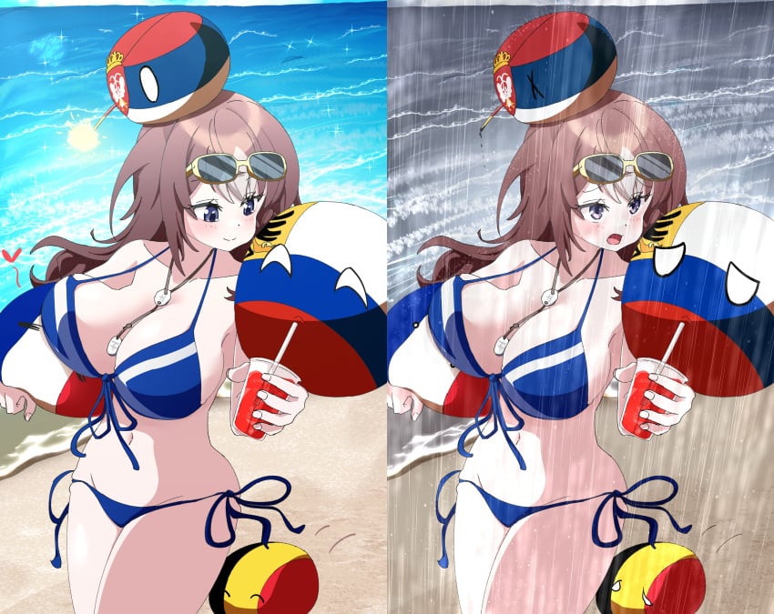 1girls beach bikini blue_eyes breasts brown_hair countryballs day eyewear_on_head female front-tie_bikini large_breasts long_hair ocean raining sunglasses