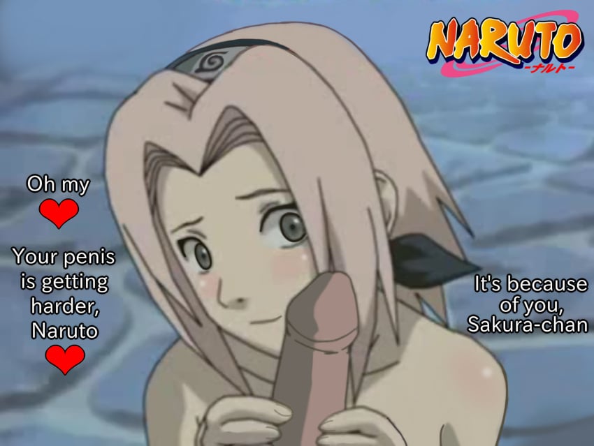 1boy 1girls before_blowjob before_oral blush dialogue english_text female grabbing_penis green_eyes headband human male naruto naruto_(classic) night nude nude_female outside penis pink_hair sakura_haruno short_hair smile text uzumaki_naruto