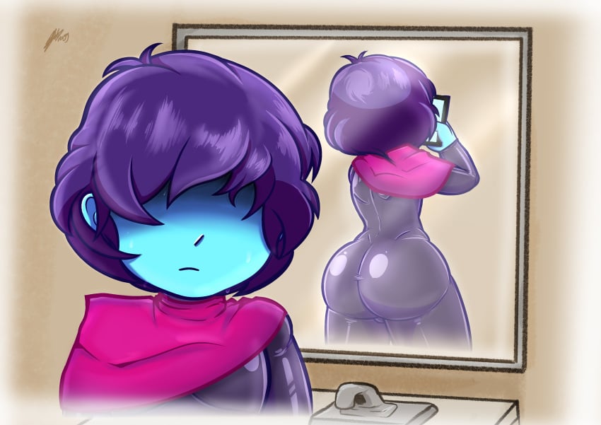 bathroom big_ass bodysuit deltarune digital_drawing_(artwork) digital_media_(artwork) femboy highres human humor jerma985 kris_(deltarune) male male_only meme mirror mirror_selfie nuggnogg phone selfie thick_thighs undertale_(series)