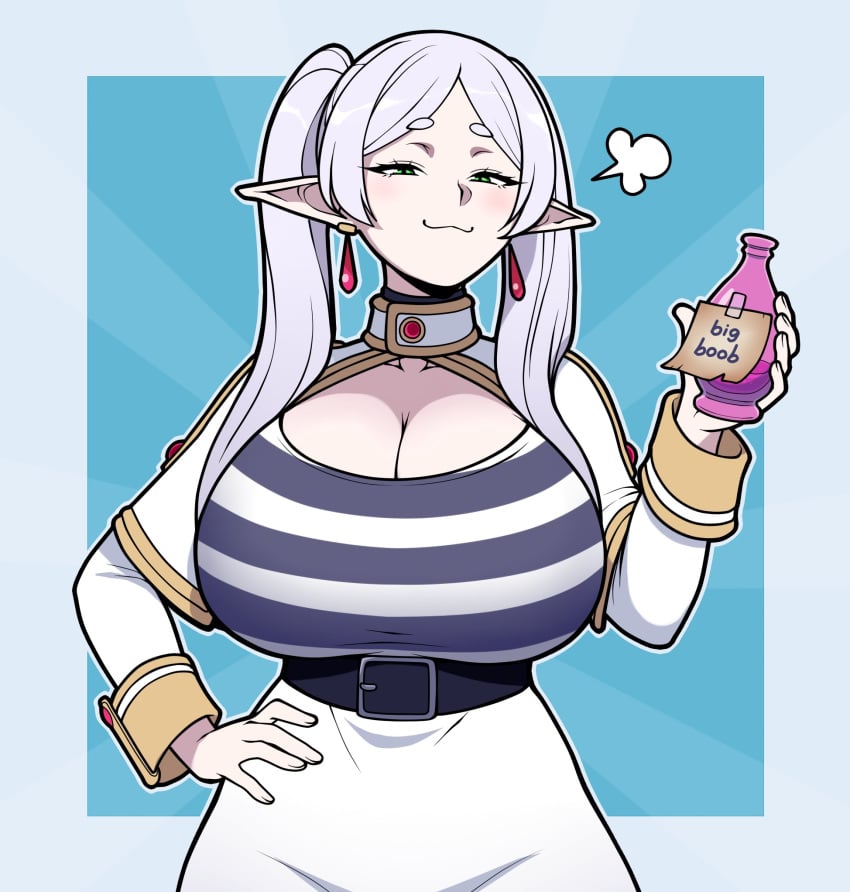 1girls alternate_breast_size belt breast_expansion cleavage earrings elf elf_ears female female_only frieren green_eyes huge_breasts jam-orbital potion potion_bottle smug solo sousou_no_frieren striped_shirt white_hair