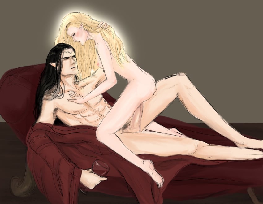 black_hair blonde_female blonde_hair cheating elf elf_ears feanor female_on_top galadriel imminent_penetration imminent_sex incest long_hair_male tall_female tall_male the_silmarillion uncle_and_niece wine wine_glass