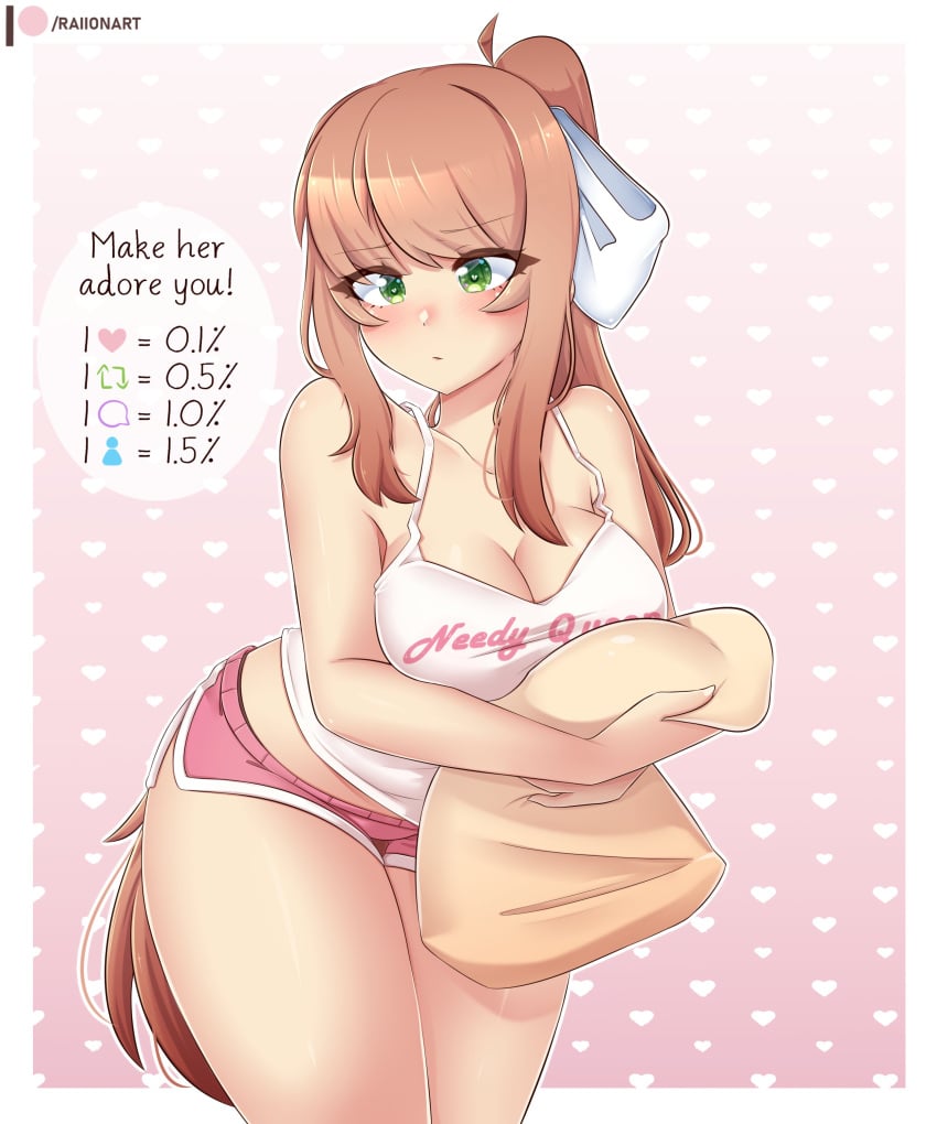 bare_legs bare_shoulders big_ass big_breasts blush blush brown_hair cushion doki_doki_literature_club green_eyes hair_ornament hair_ribbon long_hair monika_(doki_doki_literature_club) pillow pillow_grab raionart shirt shorts small_waist teenager thick thick_thighs wide_hips