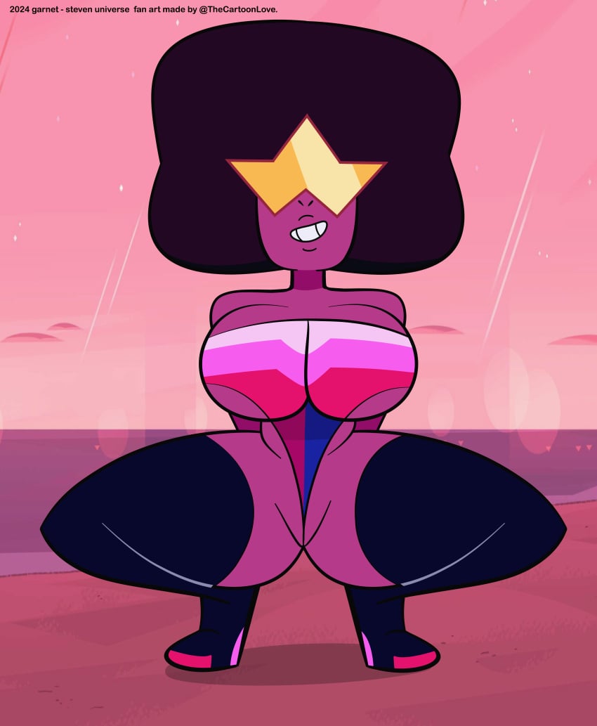 background beach big_breasts cartoon_network crouching front_view garnet_(steven_universe) gem_(species) glasses hands_behind_back long_hair milf smile steven_universe steven_universe:_the_movie steven_universe_future the_cartoon_love thick_hips thick_legs thick_thighs