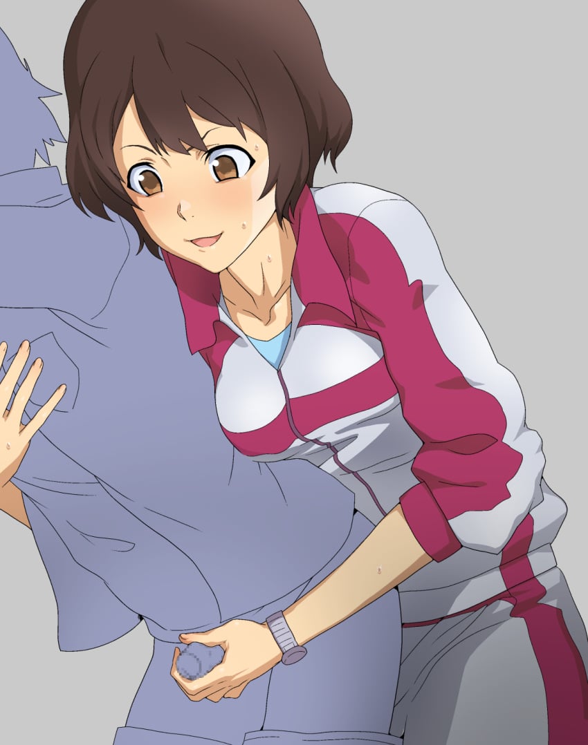 1boy 1girls :3 :d brown_hair don_(rg06268) female foreskin grey_background highres jacket kurumada_gou leaning_forward open_mouth pants reach_around shinmon_megumi short_hair smile straight sweat tomica_hyper_rescue_drive_head:_kidou_kyuukyuu_keisatsu track_jacket track_pants watch